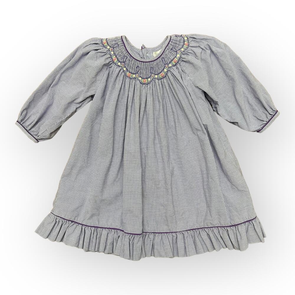 Petite Ami Purple Gingham‎ Floral embroidered Smocked Ruffle Dress Size 18 Mos